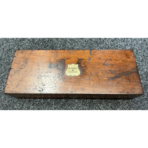 2110 - WW1 British Surgical Instruments Operation Wooden Box. Brass plate to lid with WD Broad Arrow. Maker... 