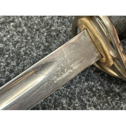 2121 - WW1 British Royal Artillery Officers Sword with fullered single edged plated blade with etched decor... 