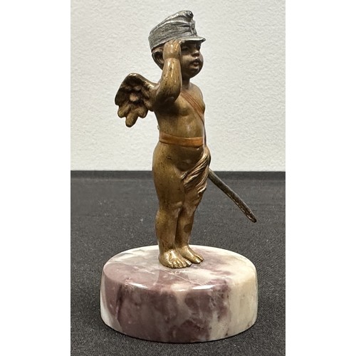 2129 - WW1 Austrian Cold Painted Metal Figurine of a Cherub wearing an Austro-Hungarian Cap carring a Sword... 