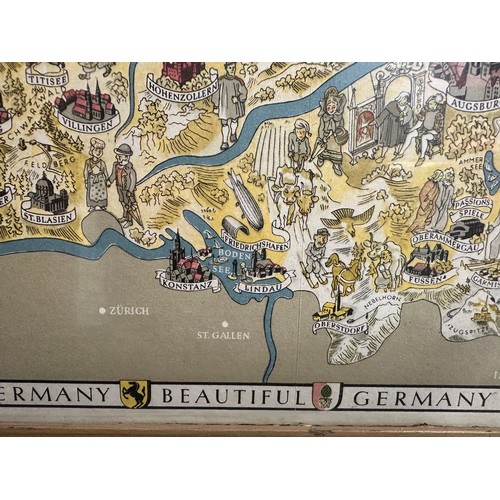 2138 - WW2 Third Reich Framed Tourist Poster Map of Germany in English. Entitled 