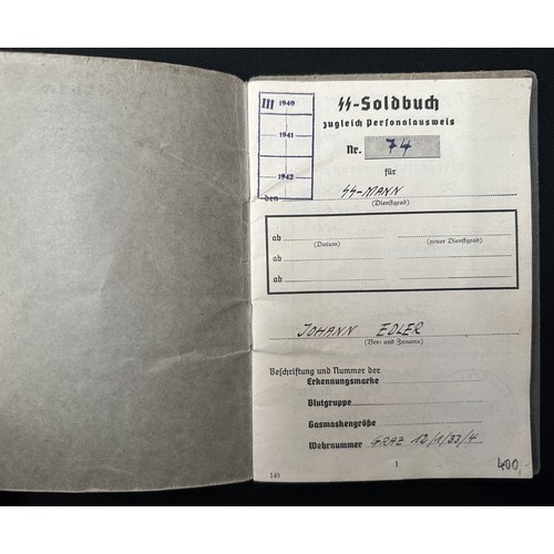 2163 - WW2 Third Reich SS-TV Soldbuch to SS Mann Johann Edler who was a guard at Matthausen and Gusen Conce... 