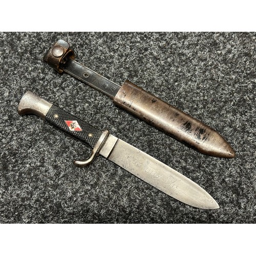 2175 - WW2 Third Reich Hitler Youth Knife with single edged blade 140mm in length, complete with etched 