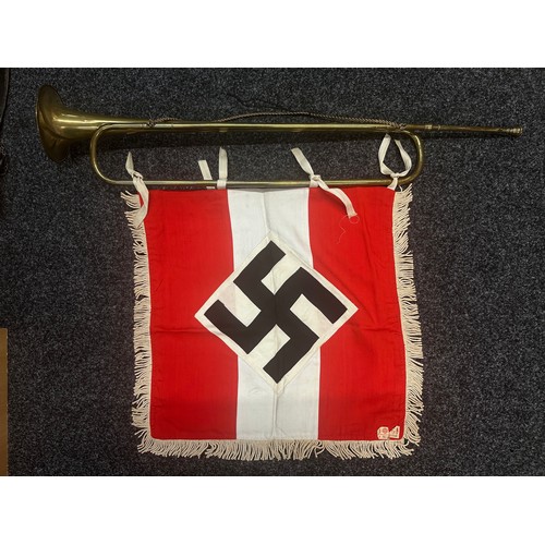 2178 - WW2 Third Reich HJ Trumpet and HJ Trumpet Banner. The trumpet is maker marked for 