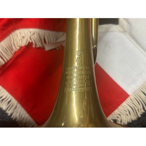 2178 - WW2 Third Reich HJ Trumpet and HJ Trumpet Banner. The trumpet is maker marked for 