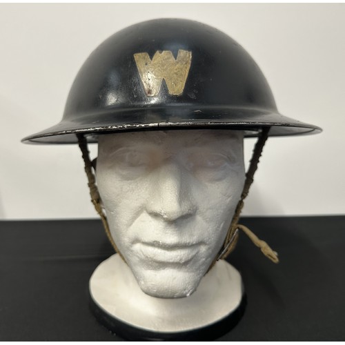 2204 - WW2 British Home Front Air Raid Wardens Steel helmet. Original black paint with white 