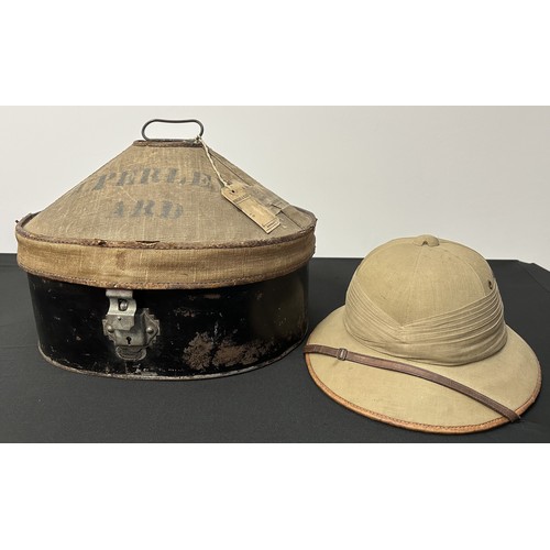 2206 - British Army Pre War Officers Tropical Pith Helmet and original Indian made tin with canvas covered ... 