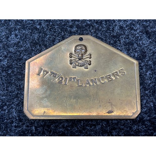 2267 - WW2 British 17th/21st Brass Bed Plaque. No name impressed. Marked on reverse 