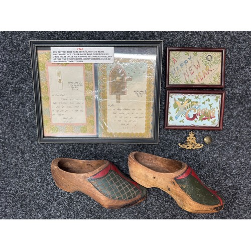 2271 - WW2 Pair painted of Dutch Wooden Clogs sent home by a member of the Royal Artillery in 1944 along wi... 