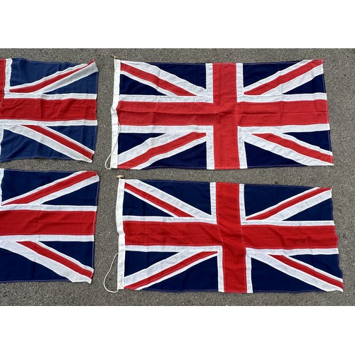 2308 - Four British Union Jack Flags, all multipart construction. No makers marks or date. Size 132cm x 67c... 