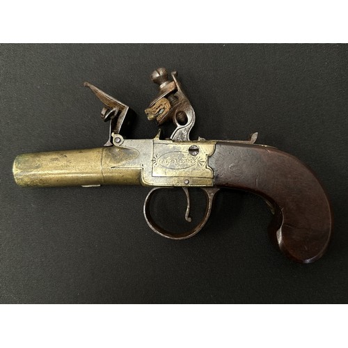 2338 - English Flint Lock Pistol with 35mm long screw on barrel, bore approx. 12mm. Maker marked 