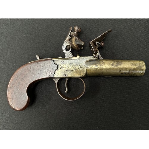 2338 - English Flint Lock Pistol with 35mm long screw on barrel, bore approx. 12mm. Maker marked 