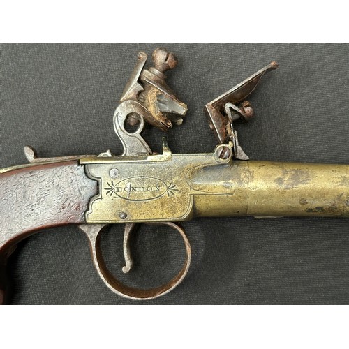 2338 - English Flint Lock Pistol with 35mm long screw on barrel, bore approx. 12mm. Maker marked 