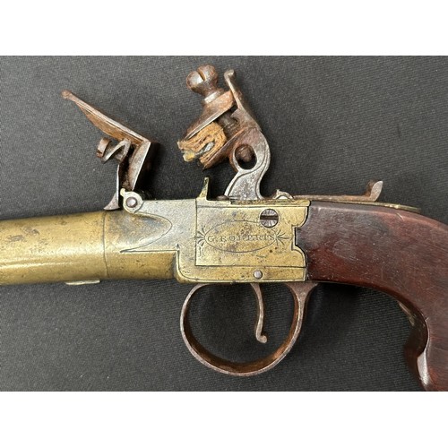 2338 - English Flint Lock Pistol with 35mm long screw on barrel, bore approx. 12mm. Maker marked 