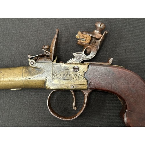 2338 - English Flint Lock Pistol with 35mm long screw on barrel, bore approx. 12mm. Maker marked 