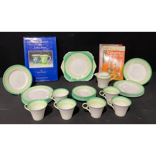 398 - A Shelley Art Deco green banded tea set, printed marks; six collector's books, Shelley and decorativ... 