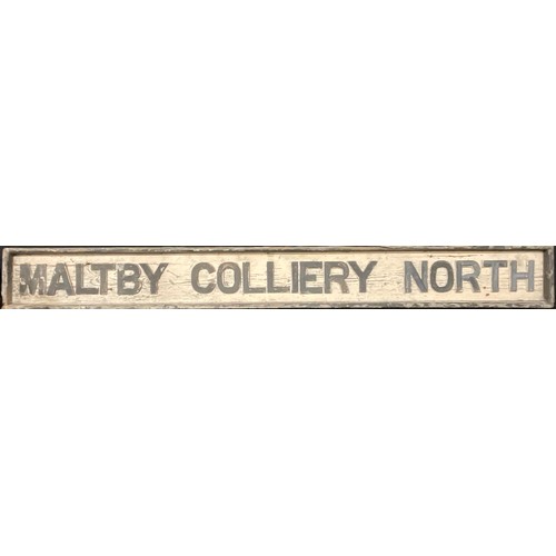 400 - A rectangular wooden signal box sign, 'MALTBY COLLIERY NORTH', raised black lettering on a white gro... 