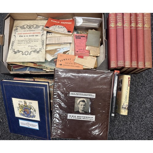 2270 - WW2 British paperwork. 2 boxes of mixed Ephemera, photos, and books including The Second Great War b... 