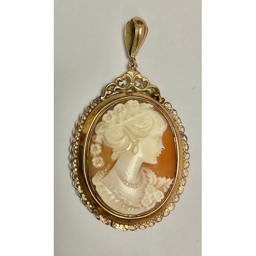 491 - A 9ct gold cameo pendant, marked 9ct, 5.5cm over supsension loop, 7.1g gross