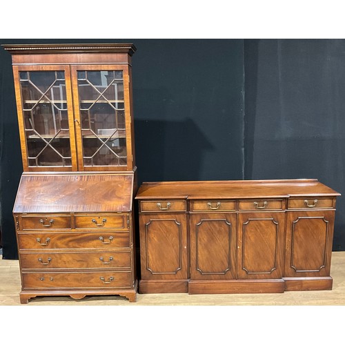 531 - A George III style bureau bookcase, 196.5cm high, 96.5cm wide, 47cm deep; a similar break-centre sid... 