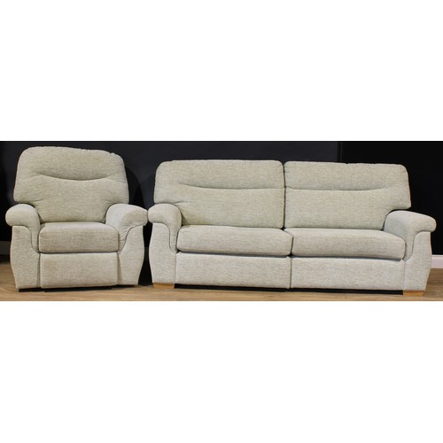 534 - A contemporary three seat sofa, 79cm high, 218cm wide, the seat 169cm wide and 54cm deep; a conformi... 