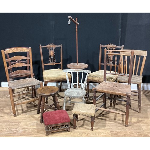 536 - A 19th century child’s primitive stick back chair; vernacular side chairs; ash and elm milking stool... 