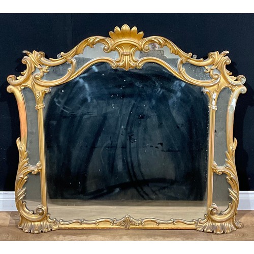 540 - A rococo design giltwood and gesso chimney glass, plain mirror plate, 107cm x 122cm