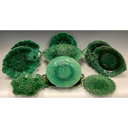 340 - A pair of Wedgwood majolica shallow leaf dishes, impressed marks, 24cm wide; another pair unmarked, ... 