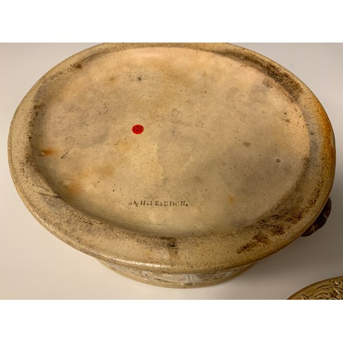 372 - A 19th century S & H Briddon Brampton salt glazed stoneware oval pie dish and cover, relief decorate... 