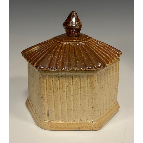 374 - A 19th century salt glazed stoneware Tobacco jar with candlestick cover, decorated with Thistles and... 