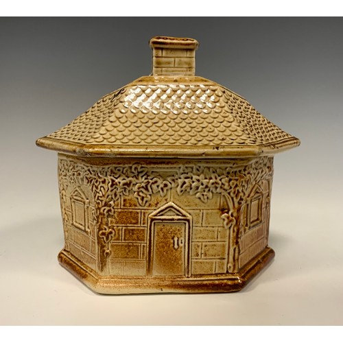 368 - A 19th Century Brampton Derbyshire brown salt glazed stoneware sugar box and cover modelled as a hex... 