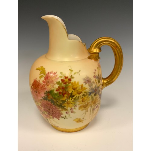 348 - A Royal Worcester blush ivory porcelain jug, shape 1094, decorated with flowers, 18cm high, c.1903; ... 