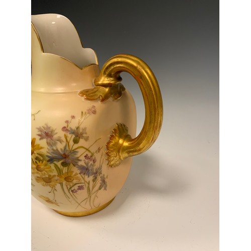 348 - A Royal Worcester blush ivory porcelain jug, shape 1094, decorated with flowers, 18cm high, c.1903; ... 