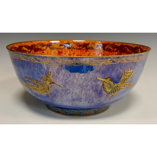 320 - Wedgwood fairy lustre bowl, ‘Hummingbird’ pattern by Daisy Makieg Jones, decorated with blue and ora... 