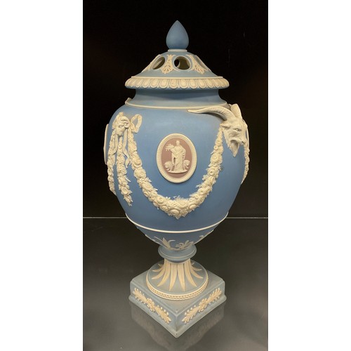 319 - A Wedgwood 'tri-colour' jasper ware urn and cover, late 19th/early 20th century, with Goat and Ram m... 