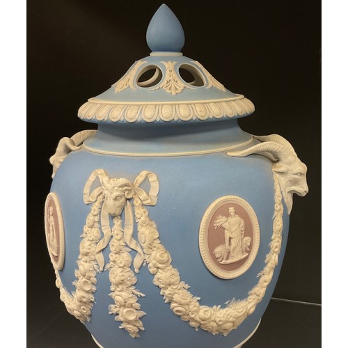 319 - A Wedgwood 'tri-colour' jasper ware urn and cover, late 19th/early 20th century, with Goat and Ram m... 