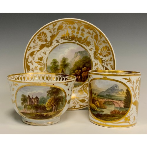 352 - A Derby Named view coffee cup, tea cup, and saucer, decorated with View of Cumberland,Near Matlock, ... 