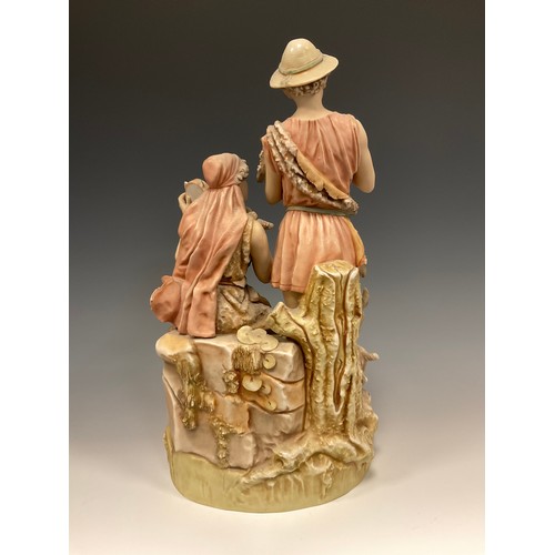 366 - An early 20th century Royal Dux figure group modelled with shepherd and shepherdess musicians, he wi... 