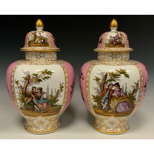 364 - A pair of 19th century continental Dresden style porcelain jars and covers, printed and hand painted... 