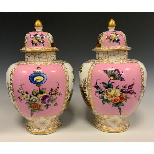 364 - A pair of 19th century continental Dresden style porcelain jars and covers, printed and hand painted... 