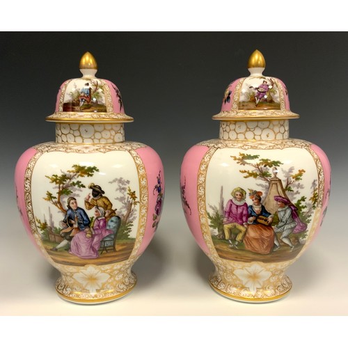 364 - A pair of 19th century continental Dresden style porcelain jars and covers, printed and hand painted... 