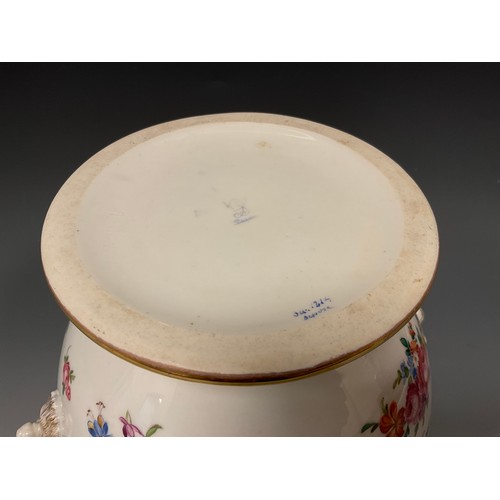 363 - A large Dresden porcelain cache pot or planter, moulded with two Ram mask and scrolling handles, pai... 