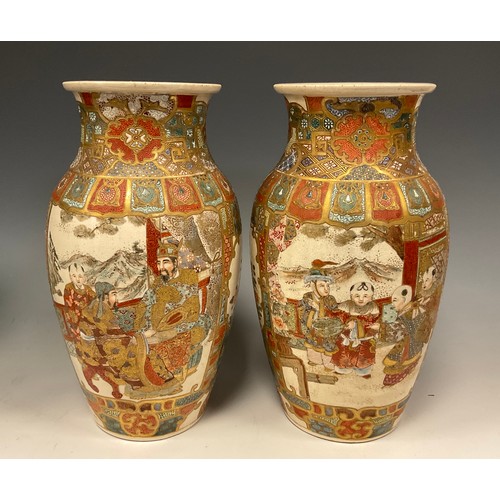 430 - A pair of Japanese, Meiji Period, Satsuma baluster-shaped vases, decorated with panels depicting Eld... 