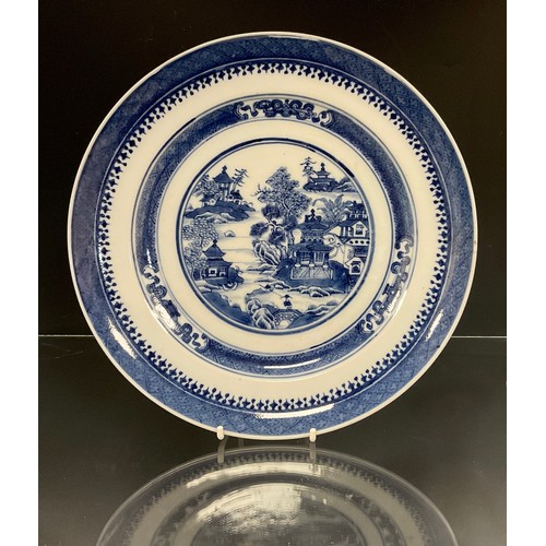 428 - A pair of Chinese under glazed blue and white plates, well painted traditional landscape with River ... 