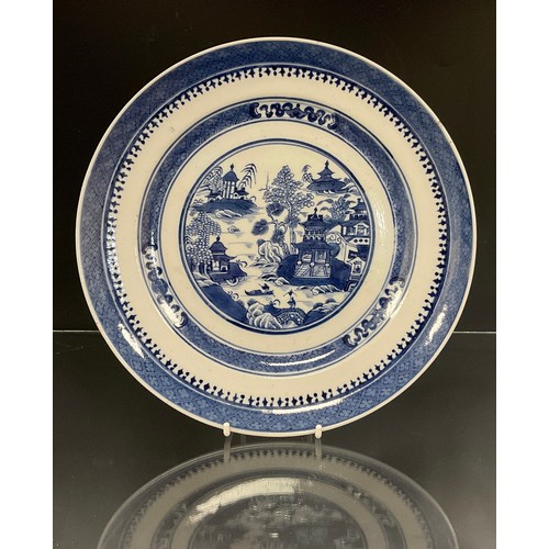 428 - A pair of Chinese under glazed blue and white plates, well painted traditional landscape with River ... 