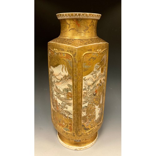 417 - A Japanese satsuma squared cylindrical vase, ornately decorated with panels of figures, finely picke... 