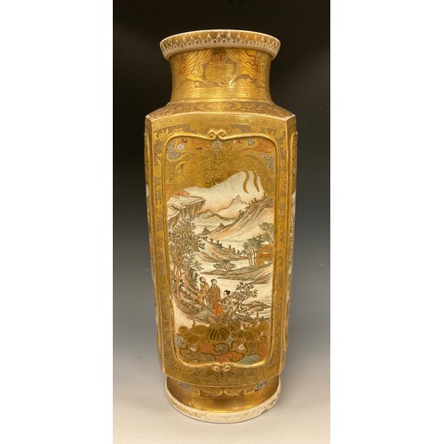 417 - A Japanese satsuma squared cylindrical vase, ornately decorated with panels of figures, finely picke... 