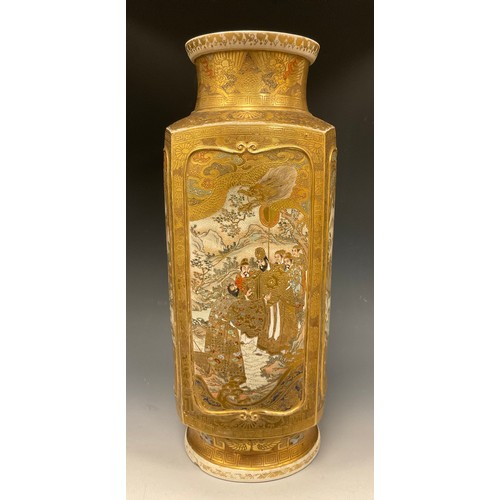 417 - A Japanese satsuma squared cylindrical vase, ornately decorated with panels of figures, finely picke... 