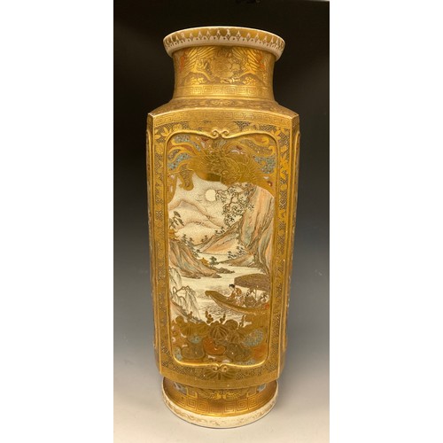 417 - A Japanese satsuma squared cylindrical vase, ornately decorated with panels of figures, finely picke... 