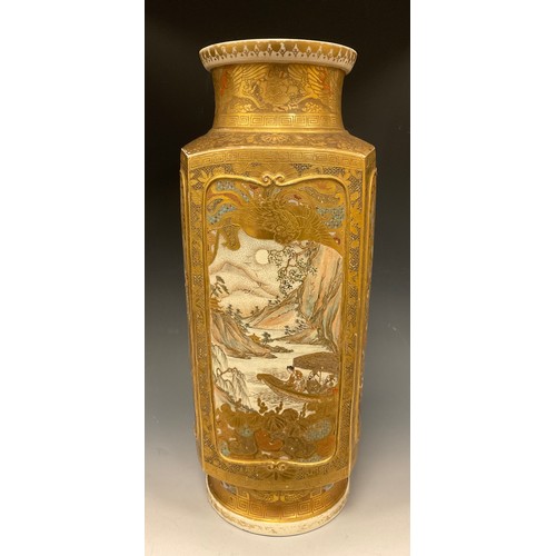 417 - A Japanese satsuma squared cylindrical vase, ornately decorated with panels of figures, finely picke... 