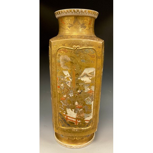 417 - A Japanese satsuma squared cylindrical vase, ornately decorated with panels of figures, finely picke... 